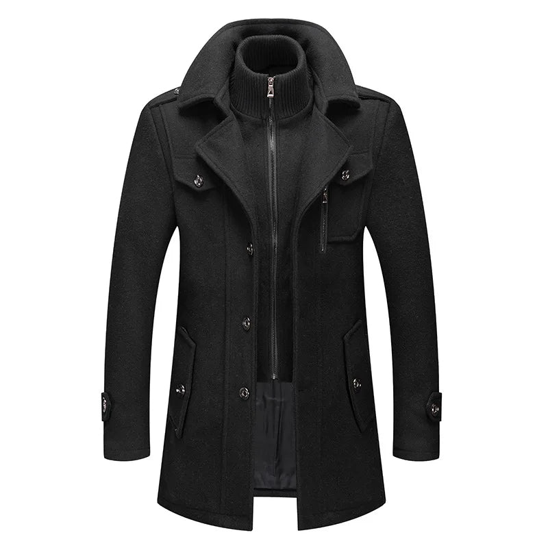 FrostGuard Herren-Wollmantel mit doppeltem Kragen – Kältebeständiger Windbreaker