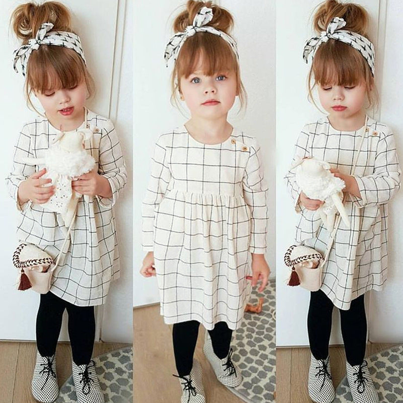 Girls Long Sleeve Plaid Dress Headband Two-piece Skirt Kid Set