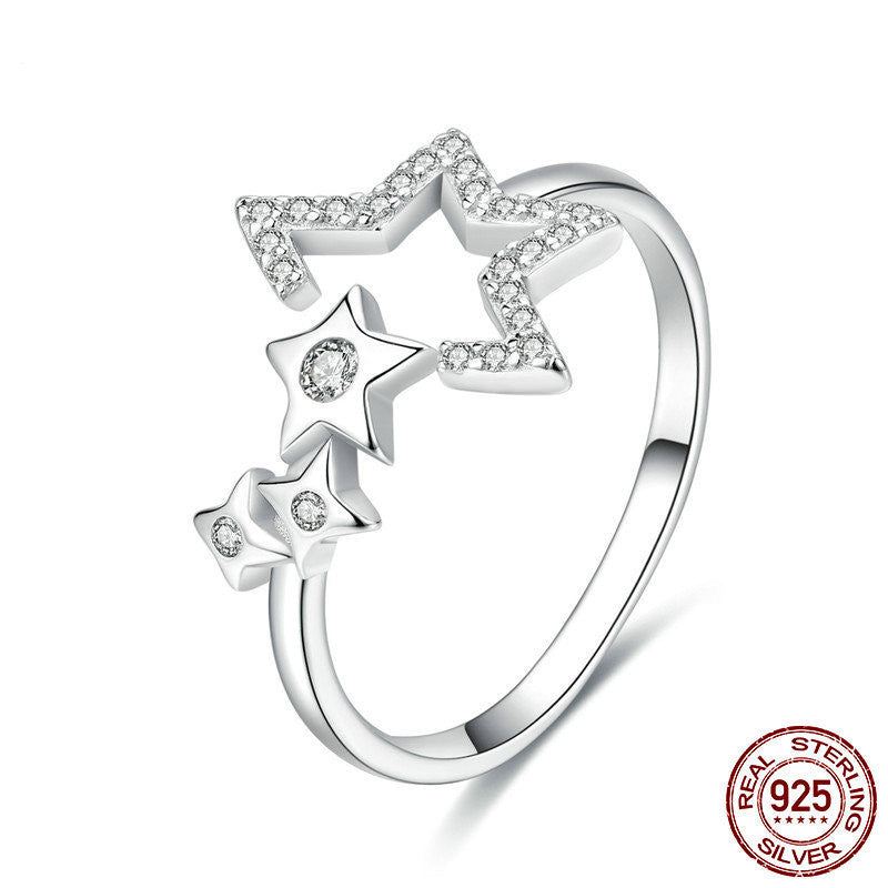 Simple Fashion Star Open Female Ring 925 Sterling Silver With Platinum Plated Diamonds