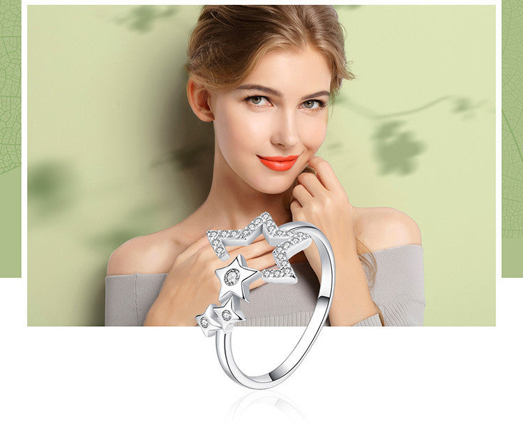 Simple Fashion Star Open Female Ring 925 Sterling Silver With Platinum Plated Diamonds