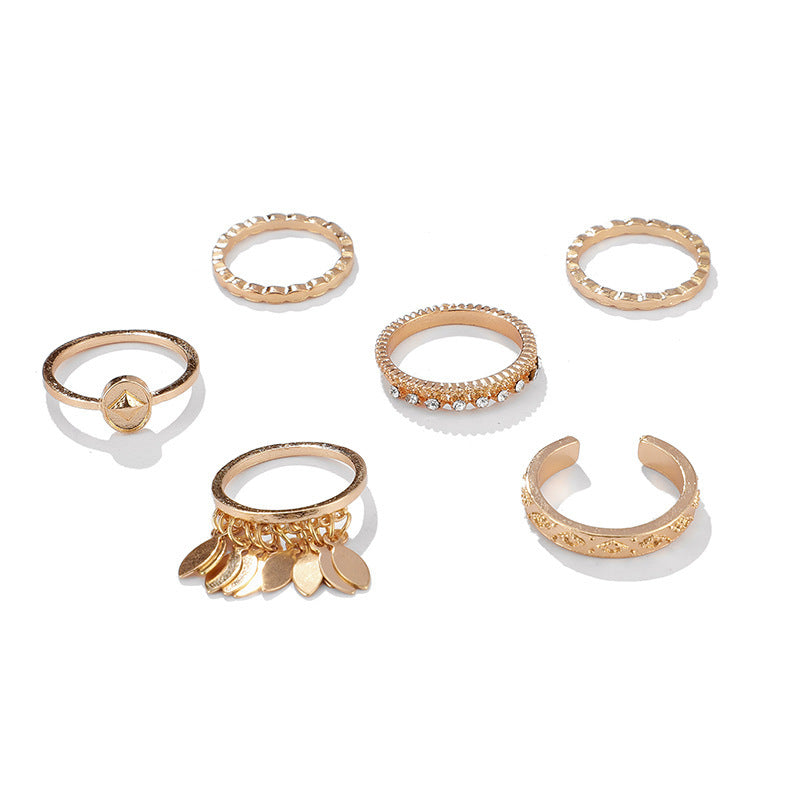 6-teiliger Ring Set mit geometrischen Blättern und Quasten – Stilvolles Schmuckdesign