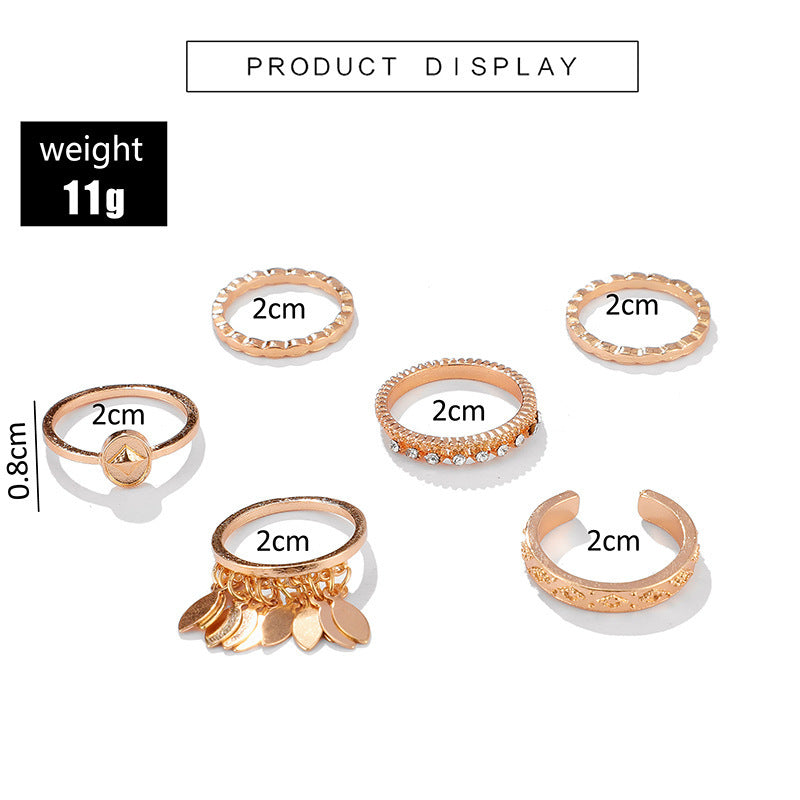 6-teiliger Ring Set mit geometrischen Blättern und Quasten – Stilvolles Schmuckdesign