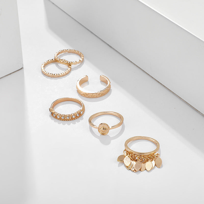 6-teiliger Ring Set mit geometrischen Blättern und Quasten – Stilvolles Schmuckdesign