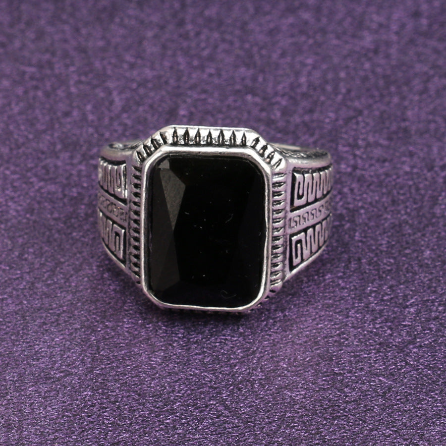 Geometrischer Legierungsring mit Kunststeinen - Antik Silber, Agaat Rot, Grün und Schwarz - Größen 7 bis 10