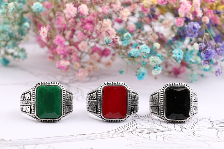 Geometrischer Legierungsring mit Kunststeinen - Antik Silber, Agaat Rot, Grün und Schwarz - Größen 7 bis 10