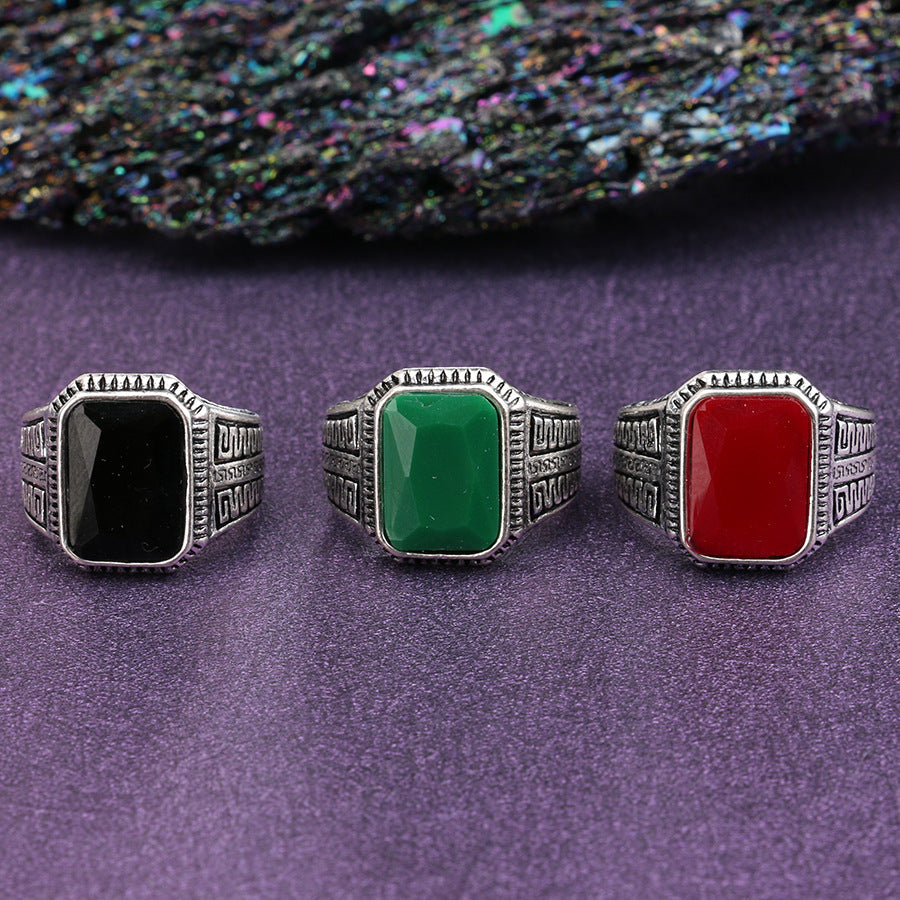 Geometrischer Legierungsring mit Kunststeinen - Antik Silber, Agaat Rot, Grün und Schwarz - Größen 7 bis 10