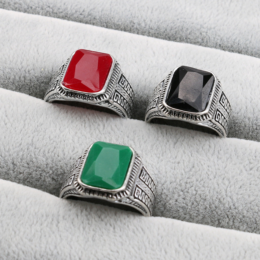 Geometrischer Legierungsring mit Kunststeinen - Antik Silber, Agaat Rot, Grün und Schwarz - Größen 7 bis 10