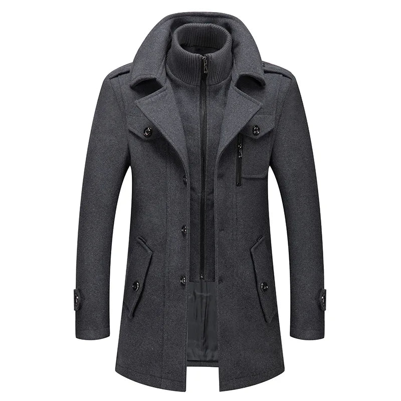 FrostGuard Herren-Wollmantel mit doppeltem Kragen – Kältebeständiger Windbreaker