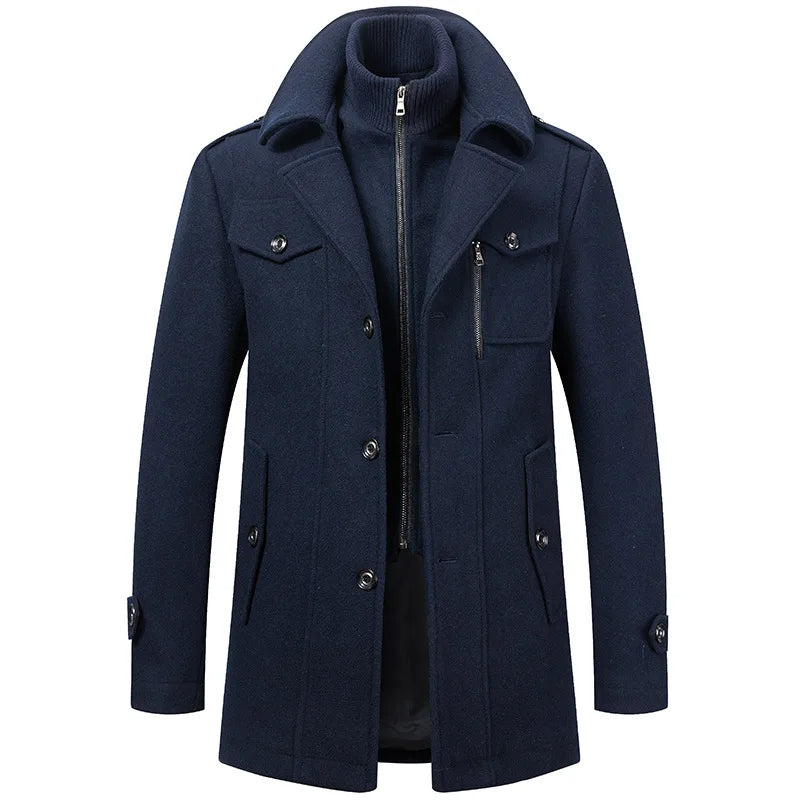 FrostGuard Herren-Wollmantel mit doppeltem Kragen – Kältebeständiger Windbreaker