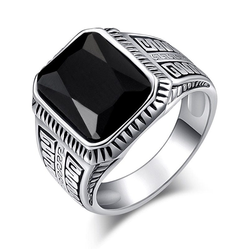 Geometrischer Legierungsring mit Kunststeinen - Antik Silber, Agaat Rot, Grün und Schwarz - Größen 7 bis 10