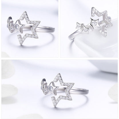 Simple Fashion Star Open Female Ring 925 Sterling Silver With Platinum Plated Diamonds