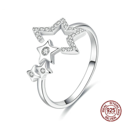 Simple Fashion Star Open Female Ring 925 Sterling Silver With Platinum Plated Diamonds