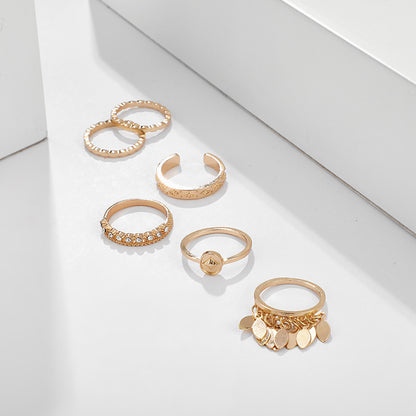 6-teiliger Ring Set mit geometrischen Blättern und Quasten – Stilvolles Schmuckdesign