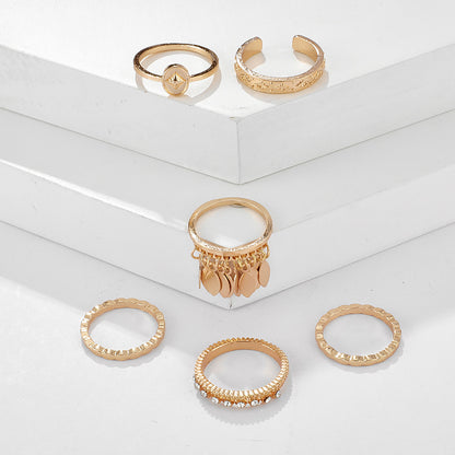 6-teiliger Ring Set mit geometrischen Blättern und Quasten – Stilvolles Schmuckdesign