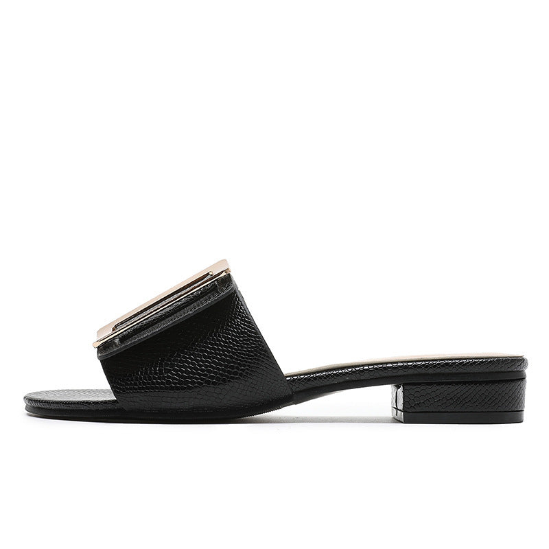 Foreign Trade Slippers Female Bohemian Casual Low-heeled Metal Square Buckle Sandals And Slippers