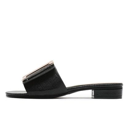 Foreign Trade Slippers Female Bohemian Casual Low-heeled Metal Square Buckle Sandals And Slippers