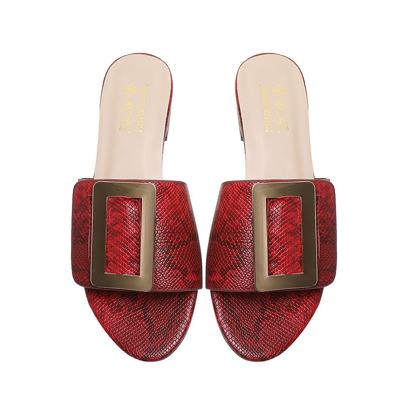 Foreign Trade Slippers Female Bohemian Casual Low-heeled Metal Square Buckle Sandals And Slippers