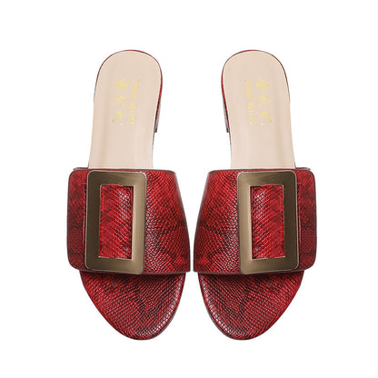 Foreign Trade Slippers Female Bohemian Casual Low-heeled Metal Square Buckle Sandals And Slippers