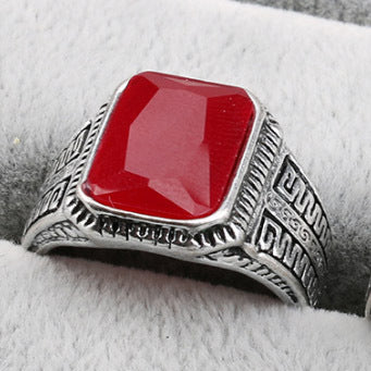 Geometrischer Legierungsring mit Kunststeinen - Antik Silber, Agaat Rot, Grün und Schwarz - Größen 7 bis 10