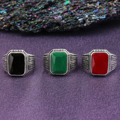 Geometrischer Legierungsring mit Kunststeinen - Antik Silber, Agaat Rot, Grün und Schwarz - Größen 7 bis 10