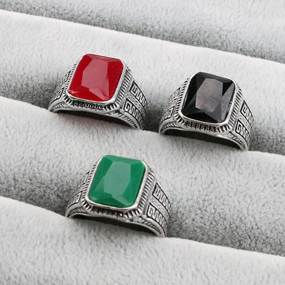 Geometrischer Legierungsring mit Kunststeinen - Antik Silber, Agaat Rot, Grün und Schwarz - Größen 7 bis 10